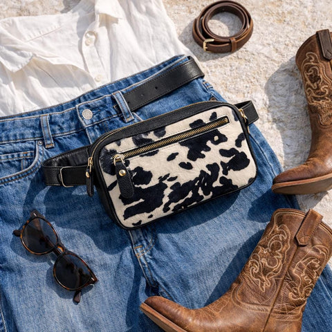 Cow Print Leather Belt Bag, Hair On Hide Fanny Pack, Full Grain Leather Bum Bag, Western Cowhide Waist Bag, Adjustable Crossbody Belt Bag