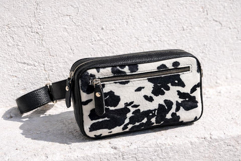 Cow Print Leather Belt Bag, Hair On Hide Fanny Pack, Full Grain Leather Bum Bag, Western Cowhide Waist Bag, Adjustable Crossbody Belt Bag