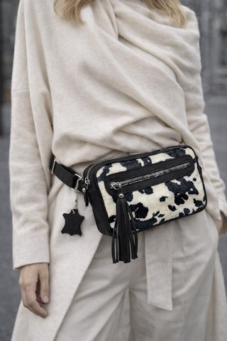 Zebra Print Hair-Texture Leather Belt Bag, Adjustable Crossbody Waist Bag