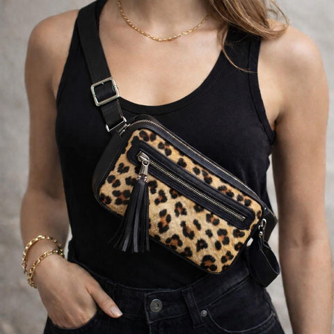Leopard Print Leather Belt Bag, Full Grain Crossbody Fanny Pack