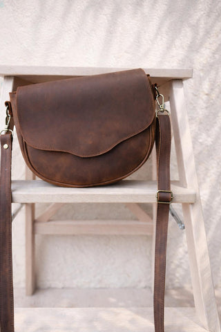 Greek leather crossbody bag full grain patina leather , saddle purse