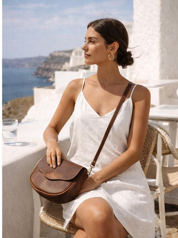 Greek leather crossbody bag full grain patina leather , saddle purse