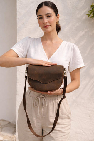 Handmade Crazy Horse Leather Saddle Bag, Brown Crossbody Purse, Vintage Patina