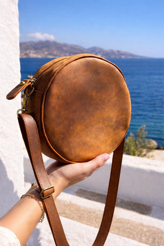 Full Grain Leather Round Crossbody Bag, Handmade Cognac Circle Purse, Mediterranean Style