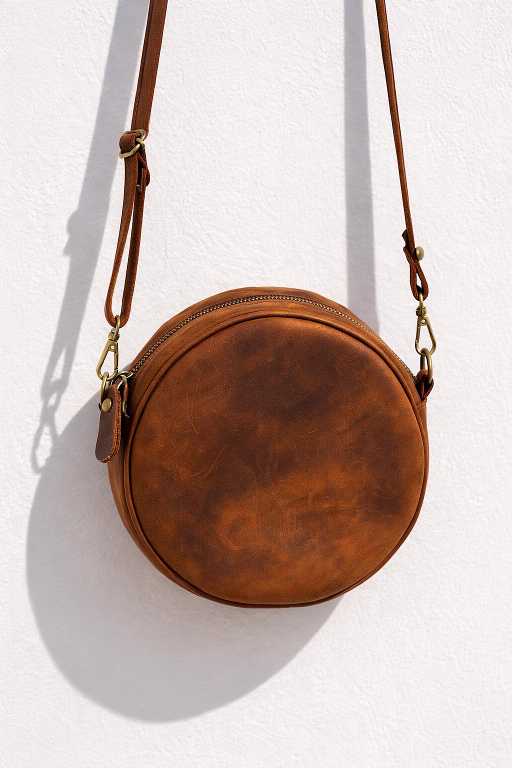 Full Grain Leather Round Crossbody Bag, Handmade Cognac Circle Purse, Mediterranean Style