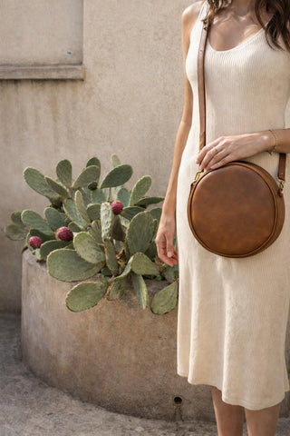 Full Grain Leather Round Crossbody Bag, Handmade Cognac Circle Purse, Mediterranean Style