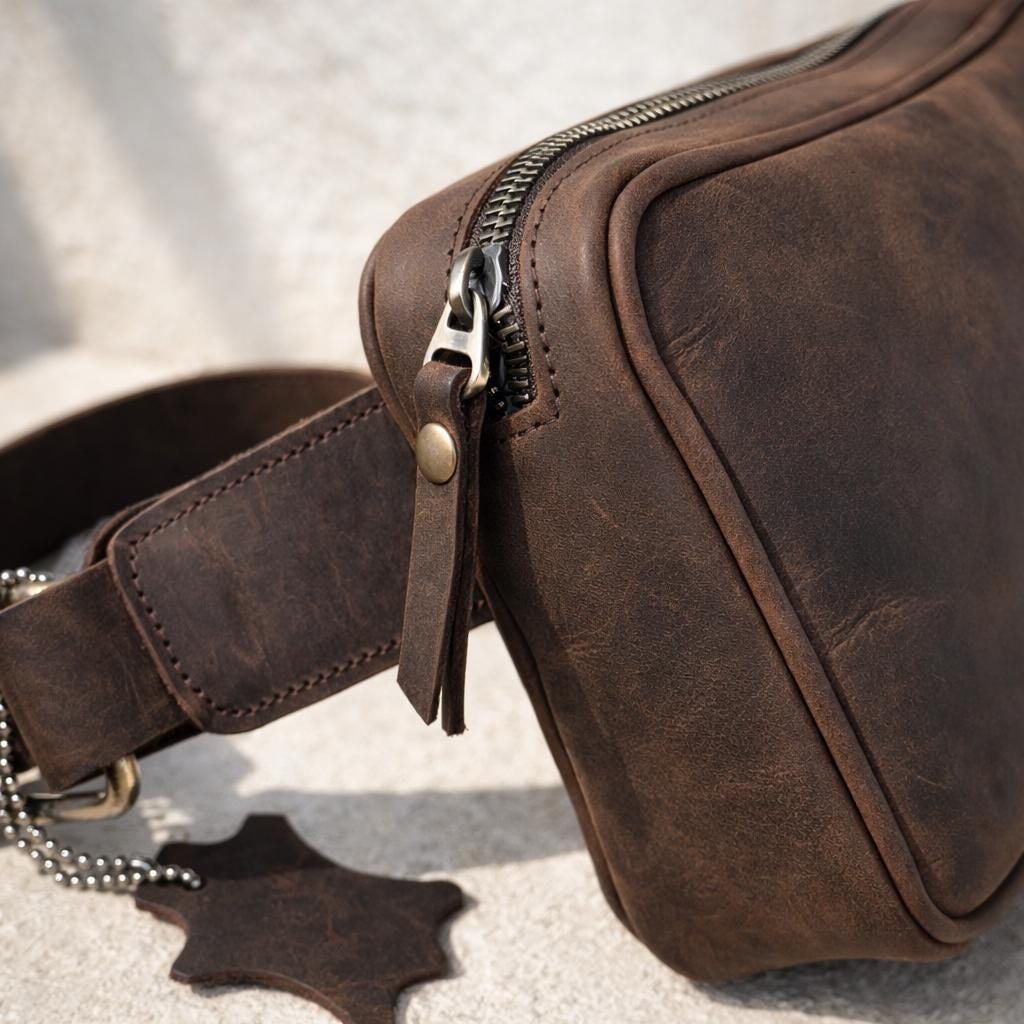 Crazy Horse Leather Waist Bag Mens Fanny Pack Leather Belt Bag Crossbody Bag Travel Hip Bag Handmade Full Grain Leather