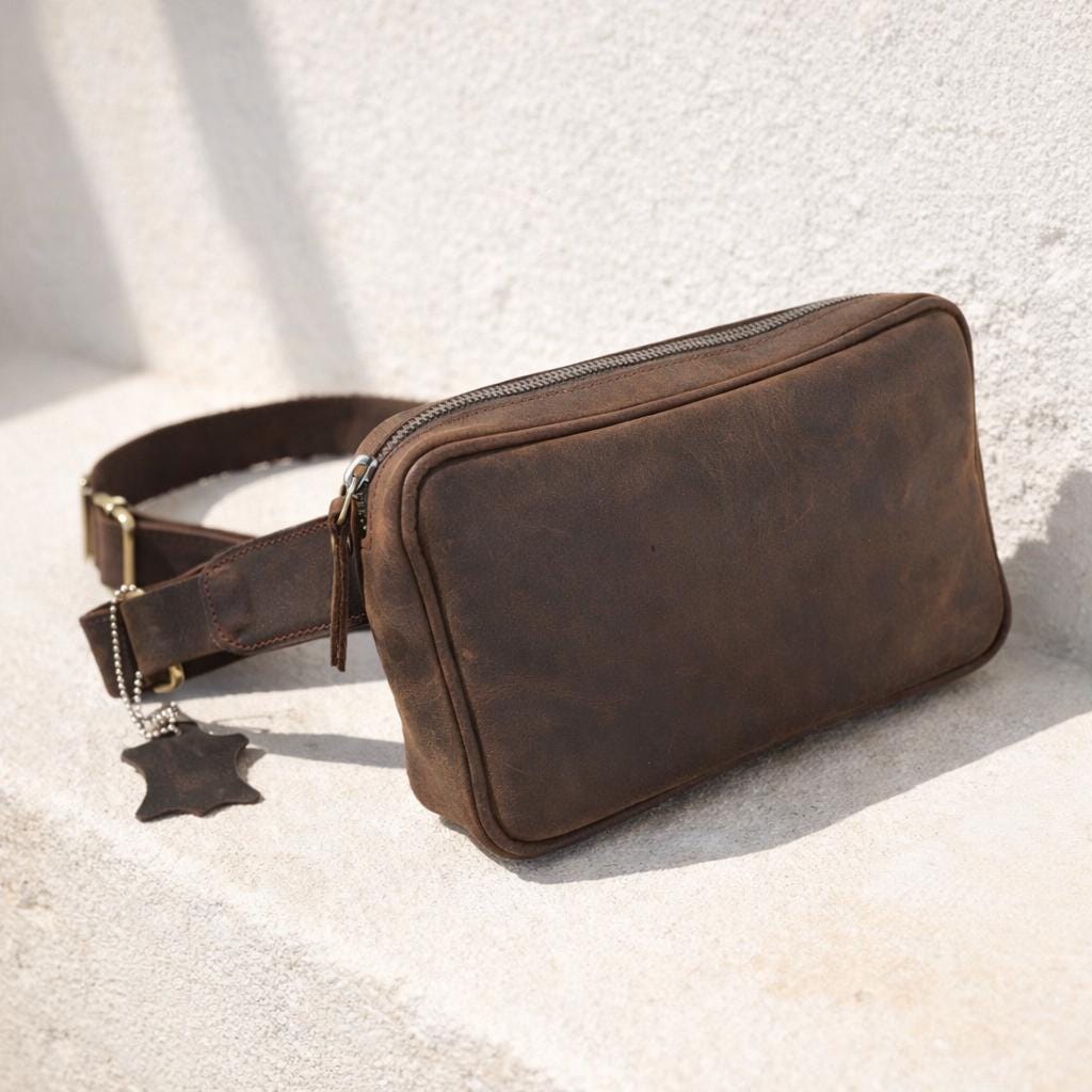 Crazy Horse Leather Waist Bag Mens Fanny Pack Leather Belt Bag Crossbody Bag Travel Hip Bag Handmade Full Grain Leather