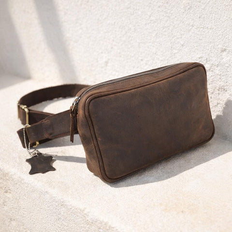 Crazy Horse Leather Waist Bag Mens Fanny Pack Leather Belt Bag Crossbody Bag Travel Hip Bag Handmade Full Grain Leather