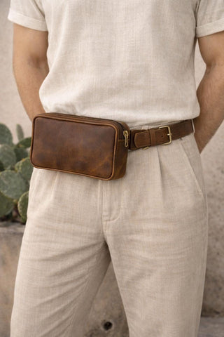 Crazy Horse Leather Waist Bag Mens Fanny Pack Leather Belt Bag Crossbody Bag Travel Hip Bag Handmade Full Grain Leather
