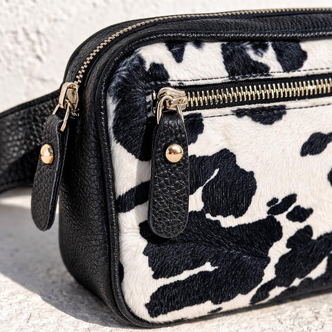 Cow Print Leather Belt Bag, Hair On Hide Fanny Pack, Full Grain Leather Bum Bag, Western Cowhide Waist Bag, Adjustable Crossbody Belt Bag