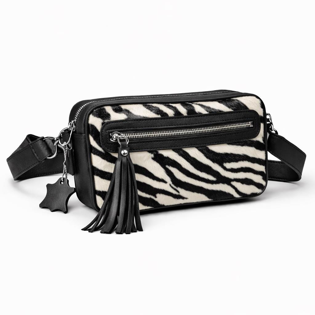 Zebra Print Hair-Texture Leather Belt Bag, Adjustable Crossbody Waist Bag