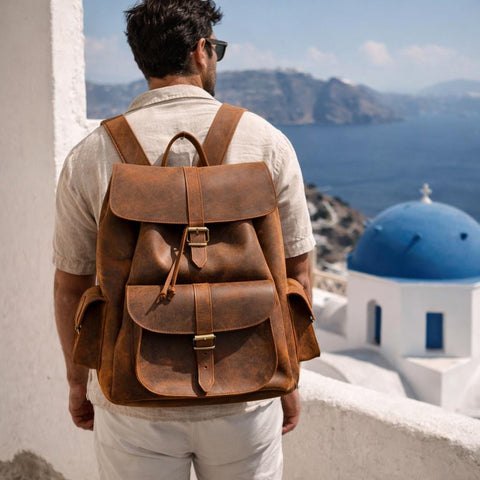Full Grain Leather Backpack women men travel backpack carry on greek bag large laptop