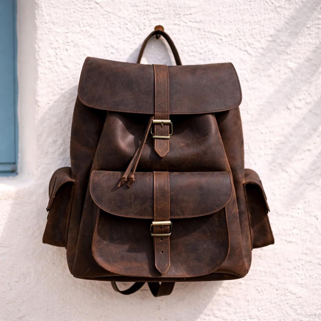 Full Grain Leather Backpack women men travel backpack carry on greek bag large laptop