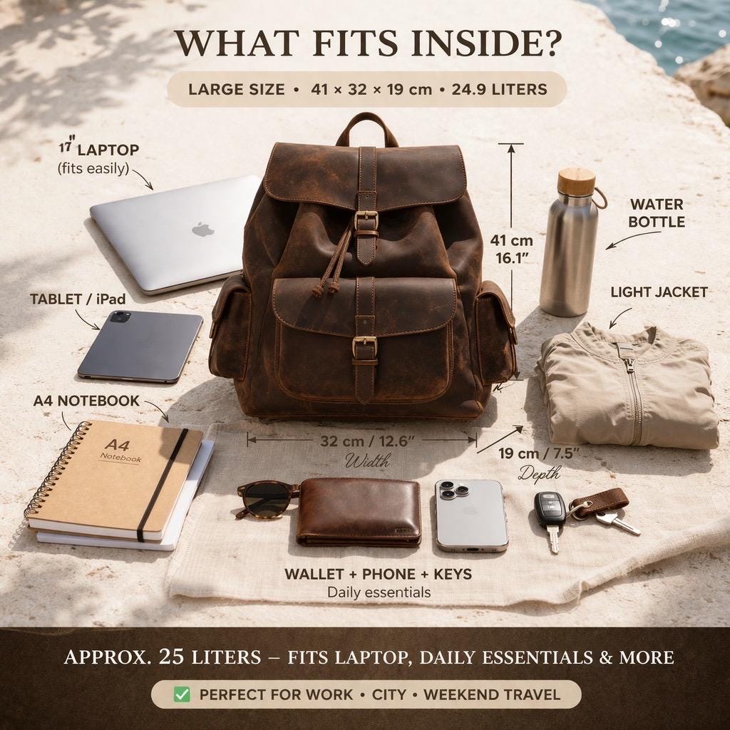 EXTRA LARGE LEATHER backpack full grain leather travel rucksack in 2 sizes