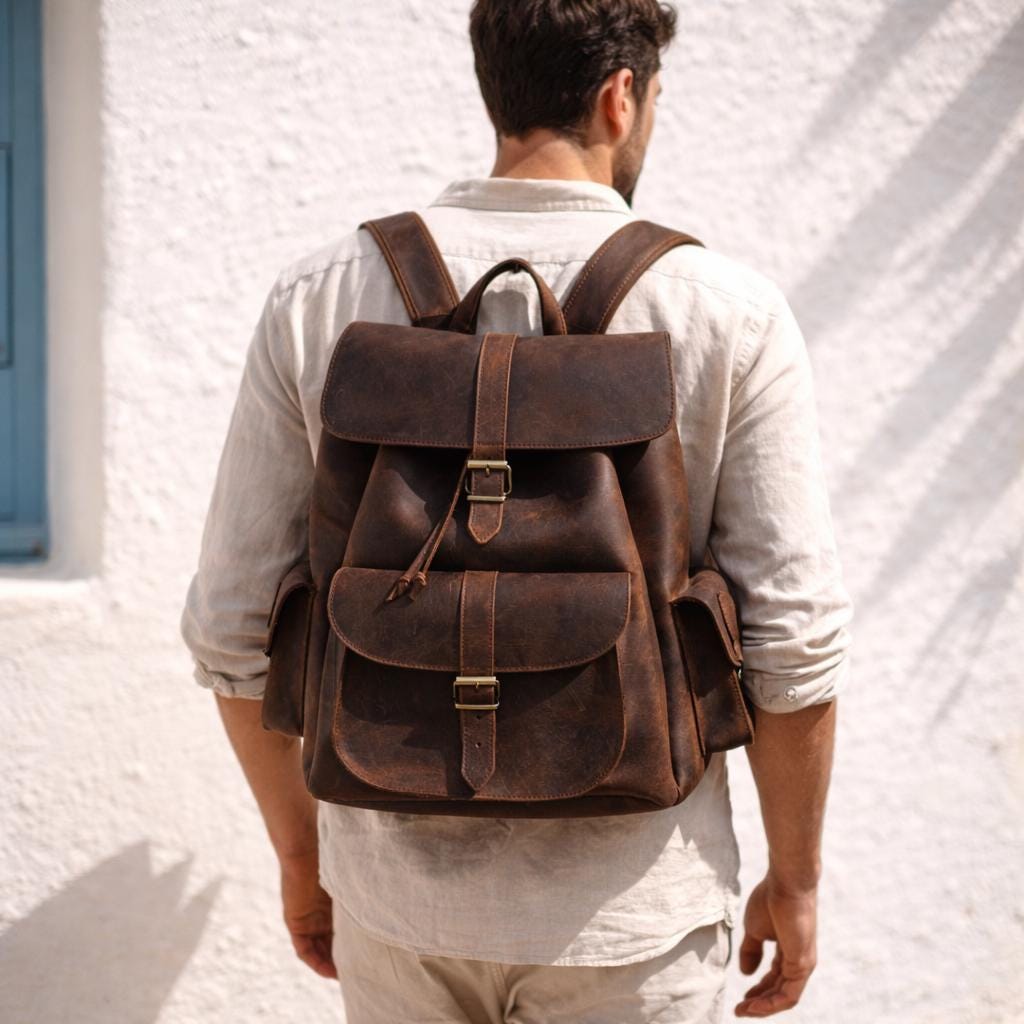 Full Grain Leather Backpack women men travel backpack carry on greek bag large laptop