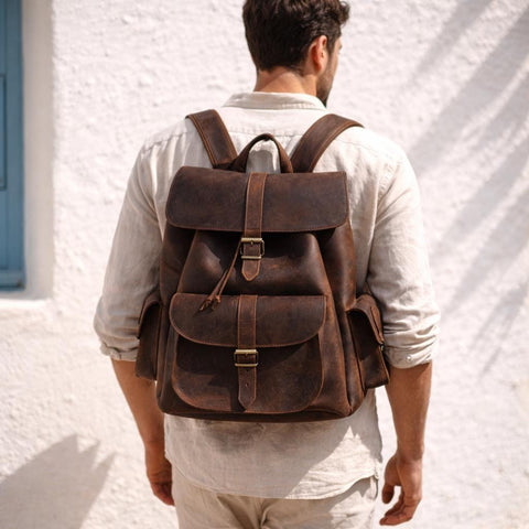 Full Grain Leather Backpack women men travel backpack carry on greek bag large laptop