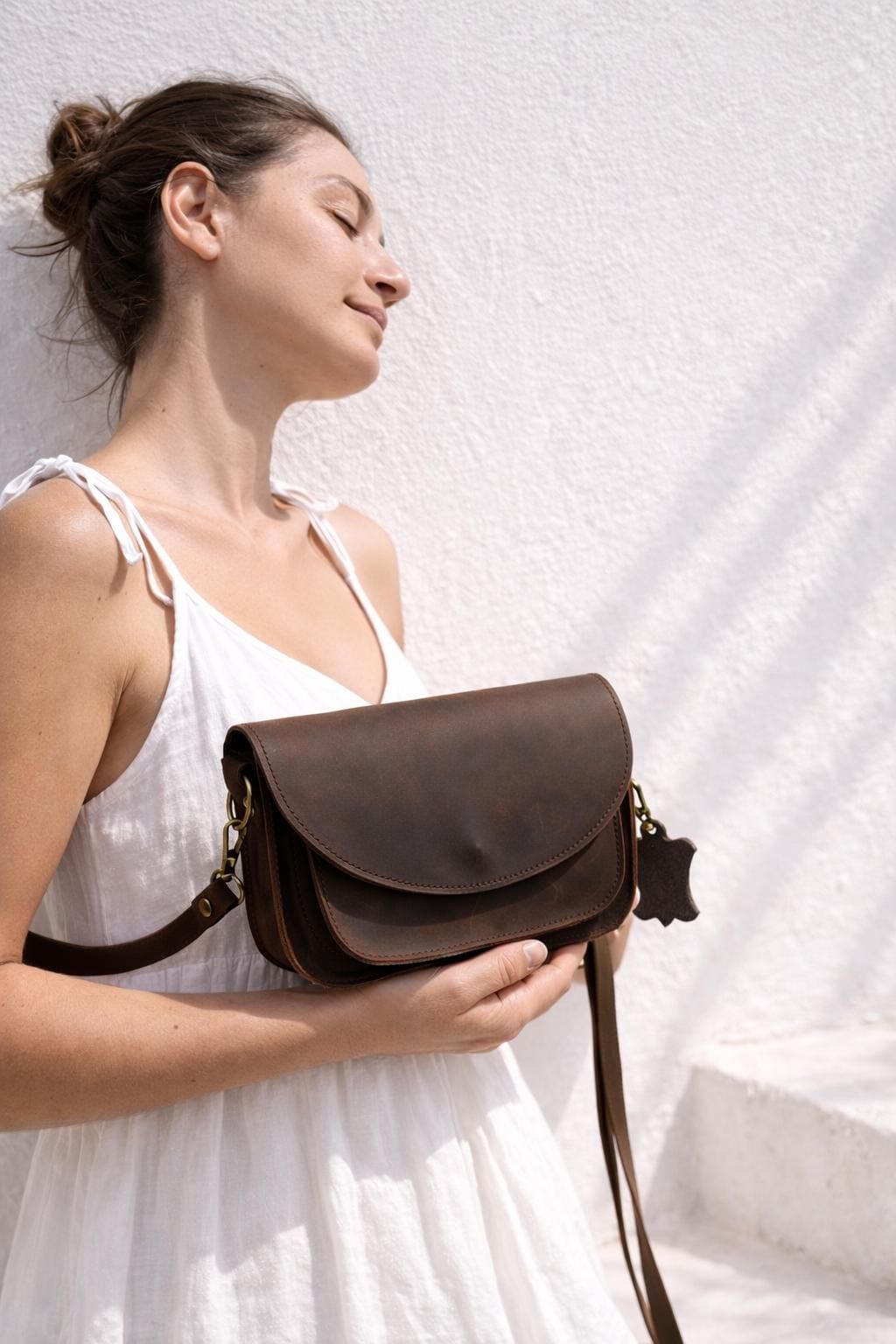 Small crossbody purse women full grain leather woman minimal design "Galini"