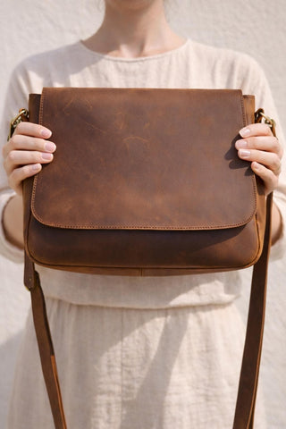 Handmade Crazy Horse Leather Crossbody Bag, Vintage Brown Shoulder Purse