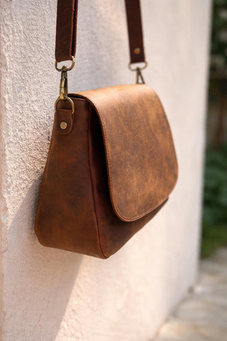 Handmade Crazy Horse Leather Crossbody Bag, Vintage Brown Shoulder Purse