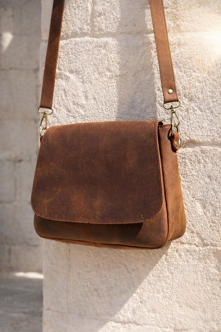 Handmade Crazy Horse Leather Crossbody Bag, Vintage Brown Shoulder Purse