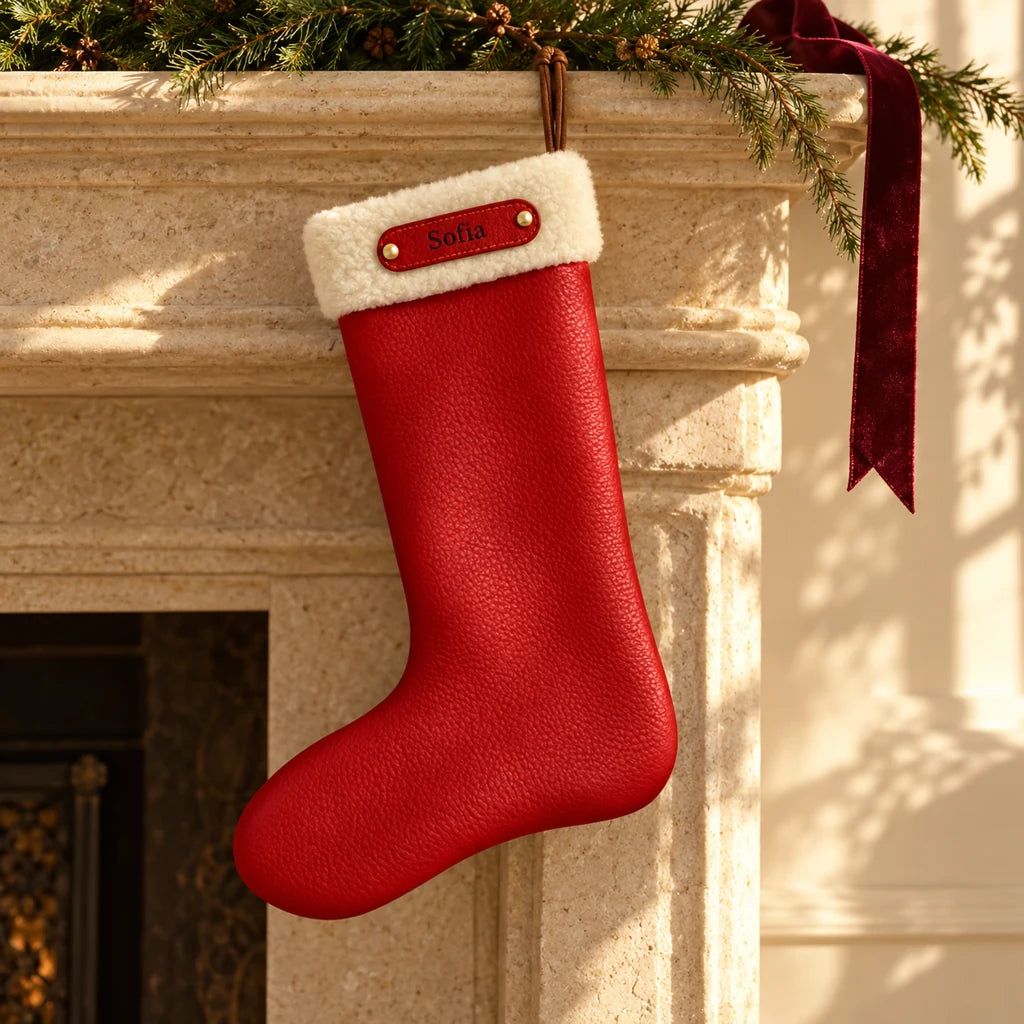 Red Grecorium Christmas stocking with an ivory cuff and Sofia nameplate