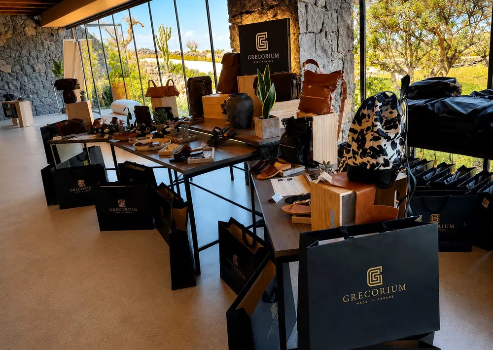 Grecorium leather gifting display at Andronis Arcadia, Santorini